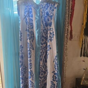 BLUE TROPICAL FLORAL SATIN TRIM HAWAIIAN GOWN